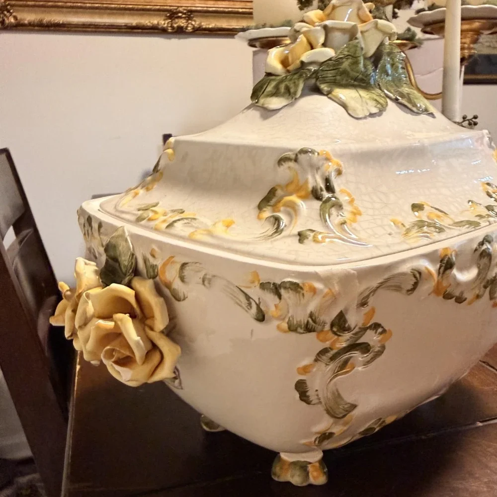 Ornate Ceramic Floral Soup Tureen Bowl With Lid Ladle Yellow Rose Rococo 10x13